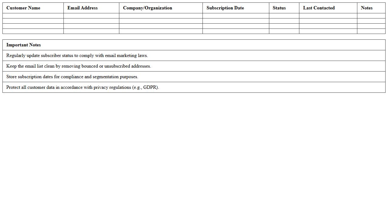 Customer Newsletter Email List Organizer Spreadsheet Template