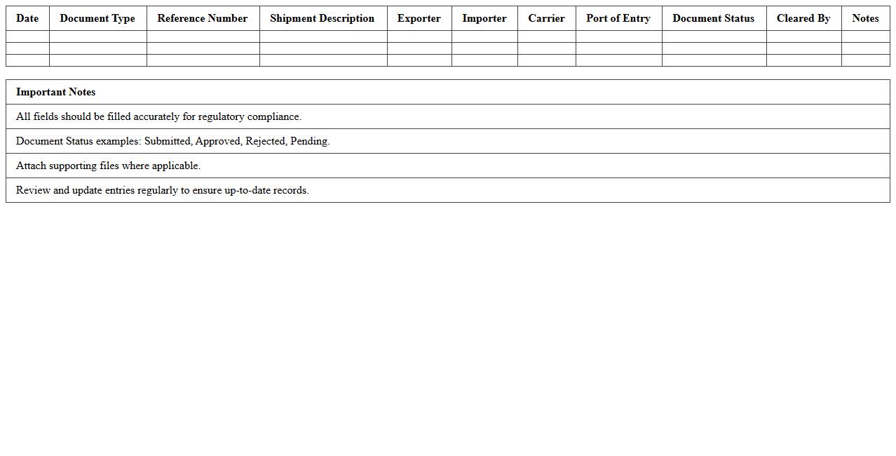 Customs Documentation Log Excel Template
