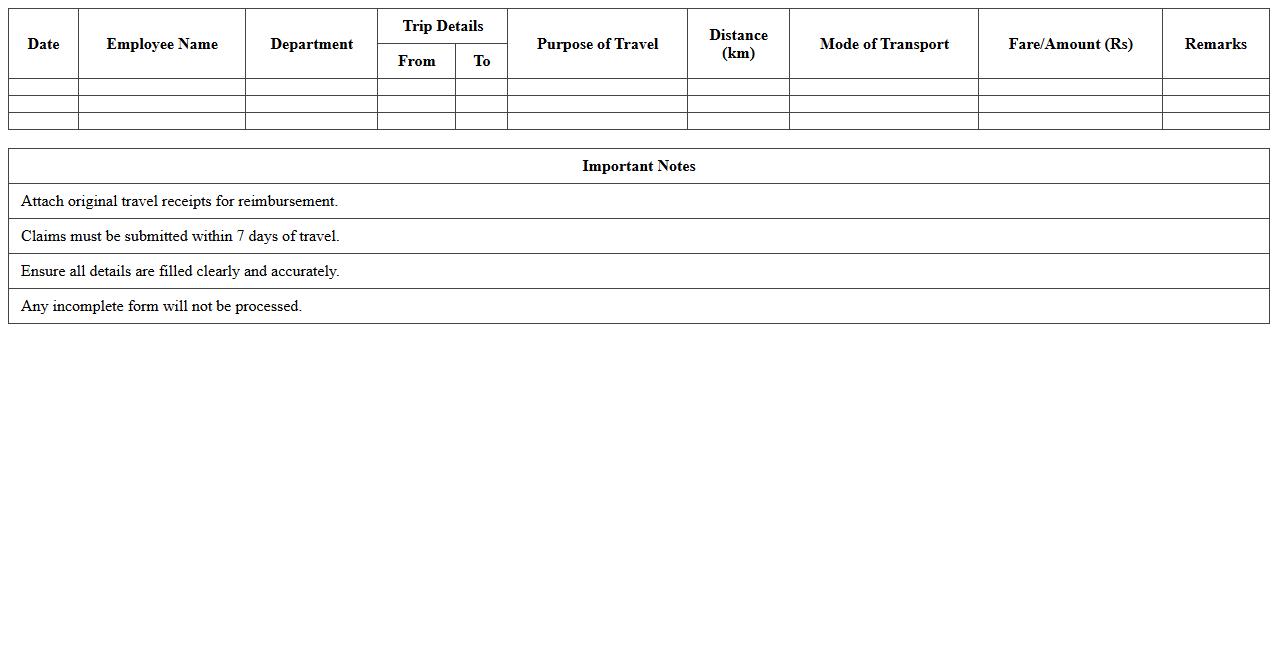Daily Employee Transportation Claim Form Template