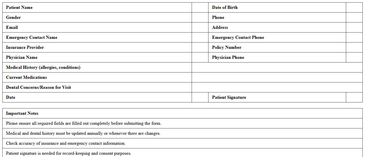Dental Patient Intake Form Excel Spreadsheet