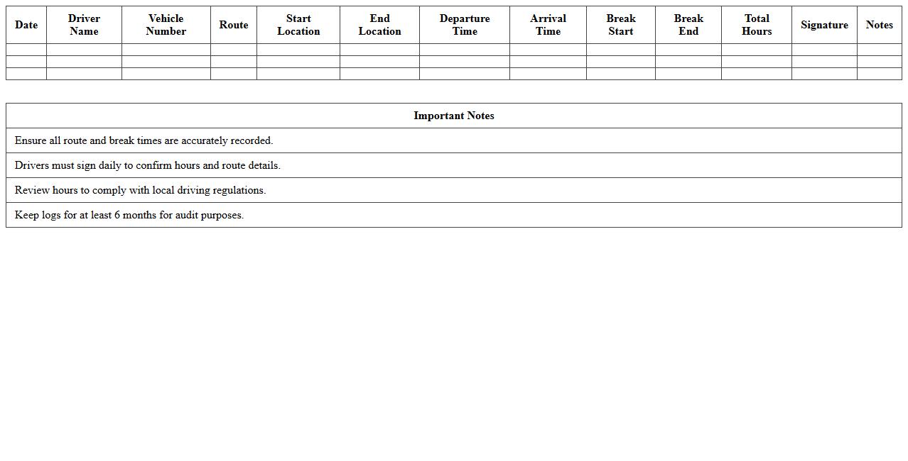 Driver Hours and Route Schedule Log