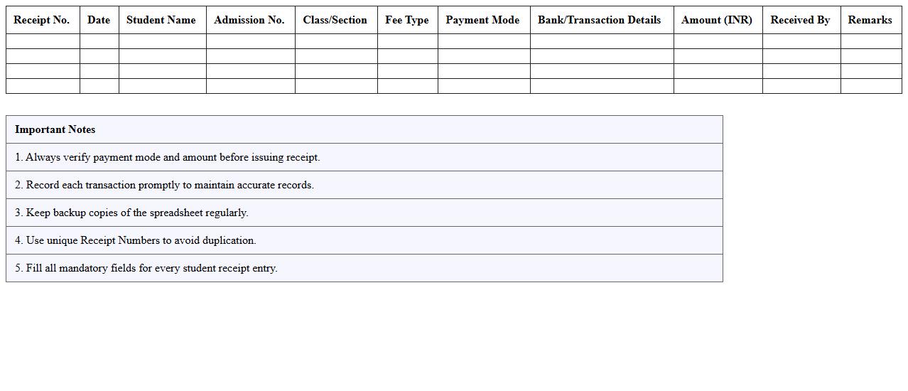 Education Fee Receipt Management Spreadsheet