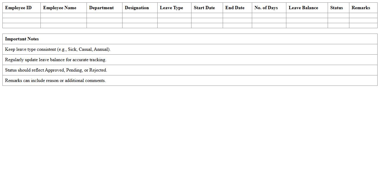 Employee Leave Management Excel Sheet