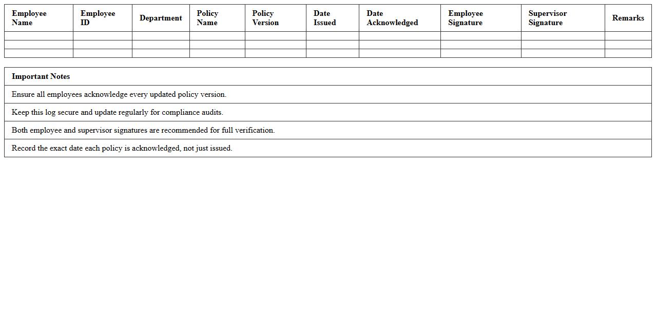 Employee Policy Acknowledgment Log Excel Template