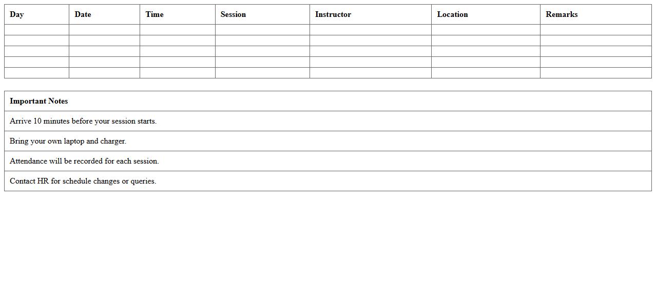 Employee Technology Workshop Timetable Excel