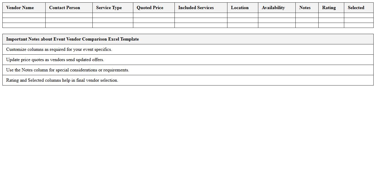 Event Vendor Comparison Excel Template
