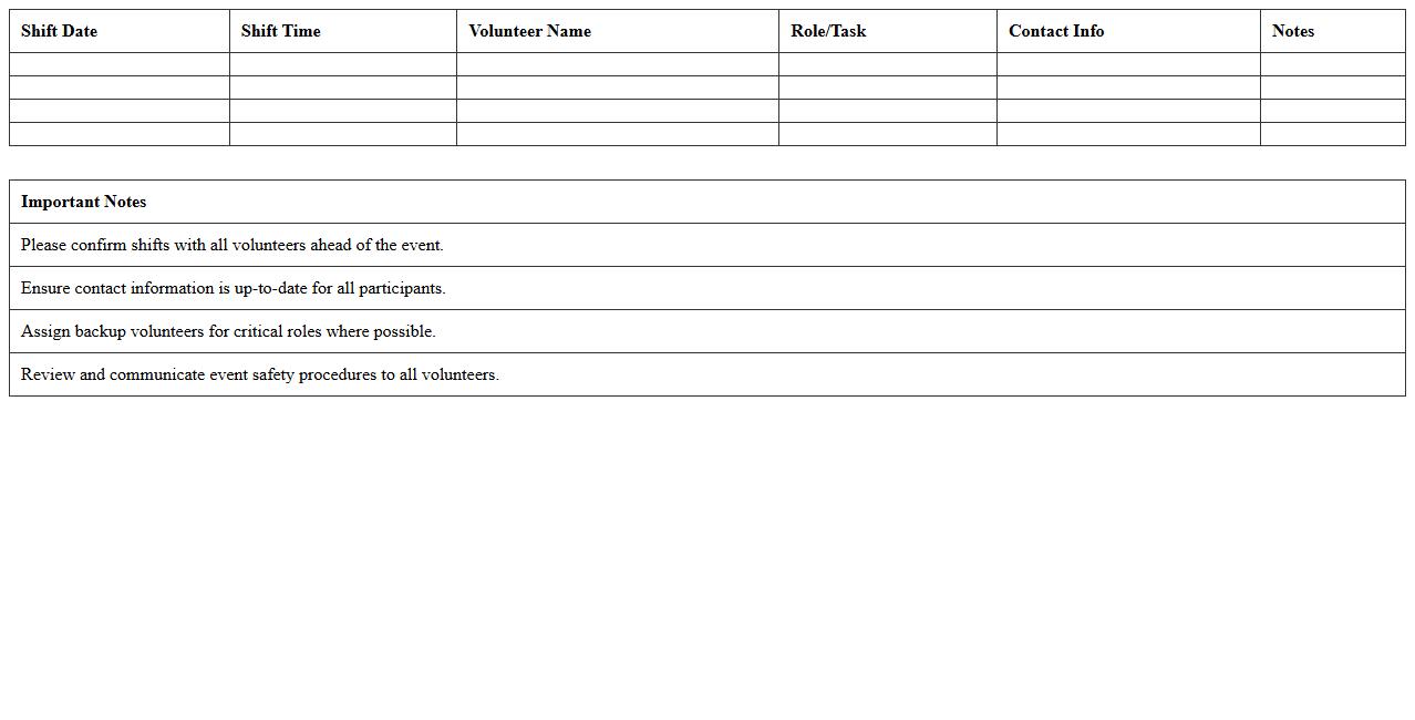 Event Volunteer Shift Schedule Template
