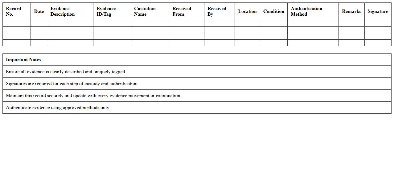 Evidence Authentication Record Excel Sheet