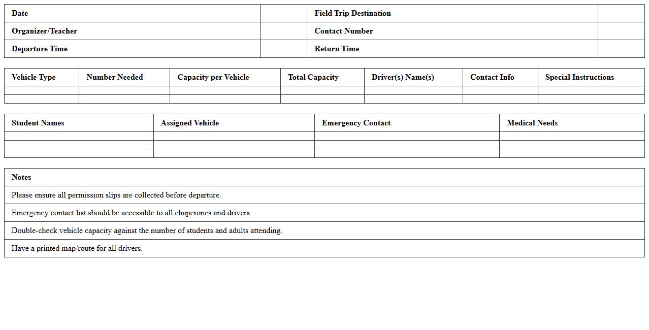 Field Trip Transportation Planning Sheet Excel