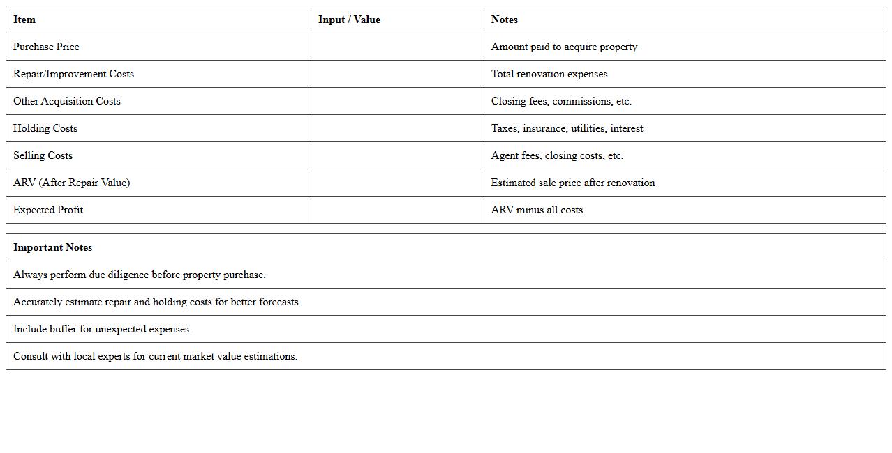 Fix and Flip Property Profit Excel Calculator