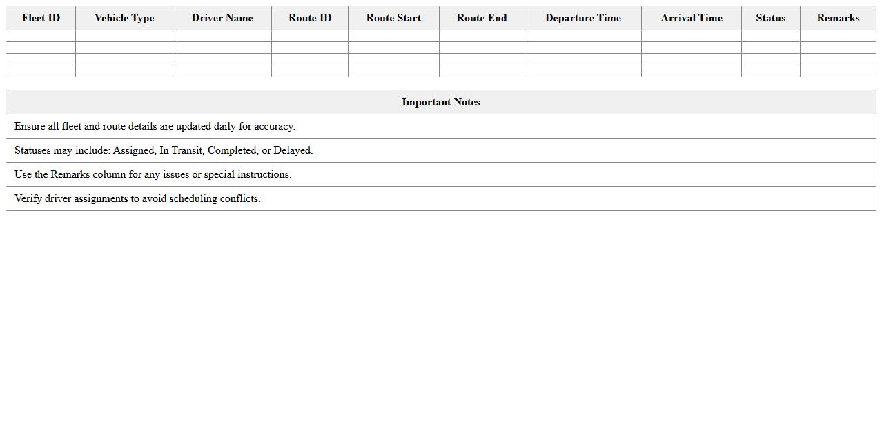 Fleet Route Assignment Excel Template