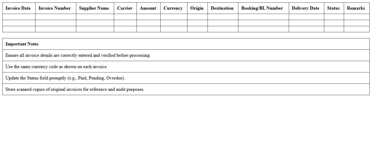 Freight Invoice Register Excel Template