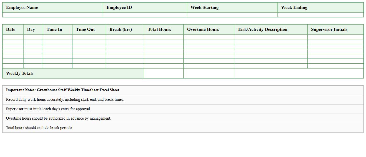 Greenhouse Staff Weekly Timesheet Excel Sheet