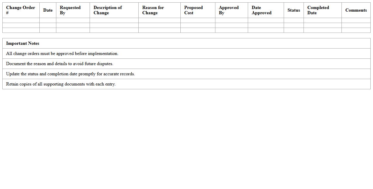 Home Renovation Change Order Log Excel Format