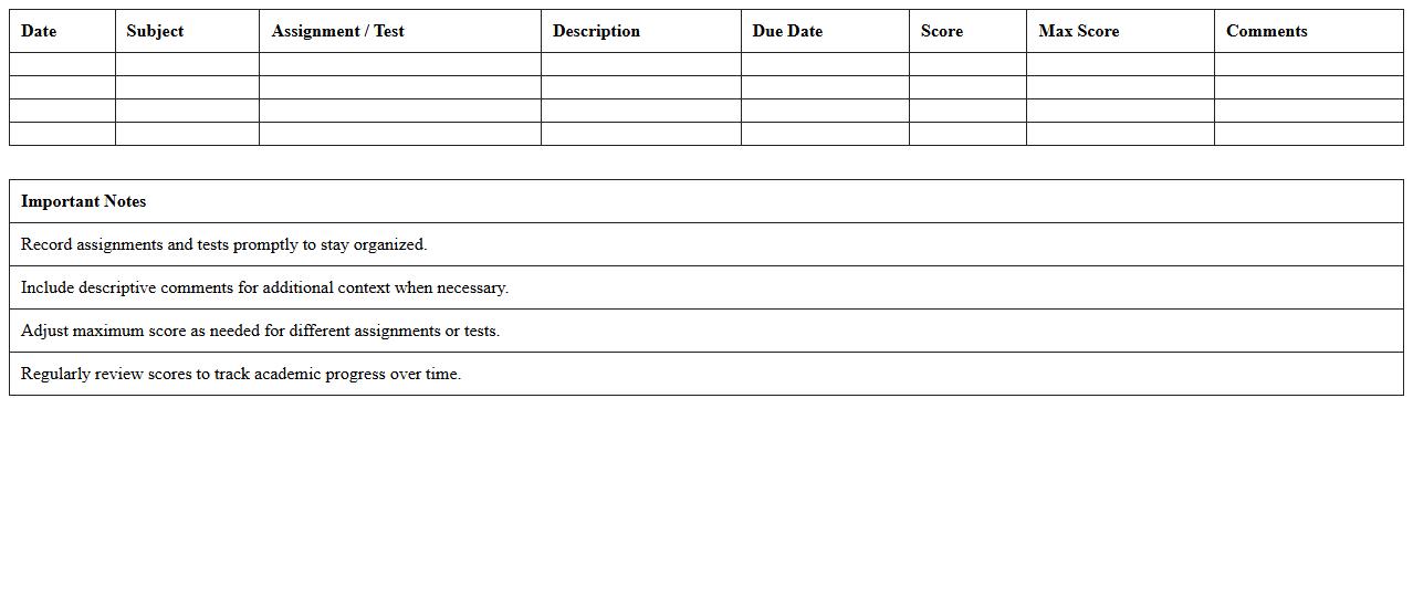 Homeschool Assignment and Test Score Recording Template