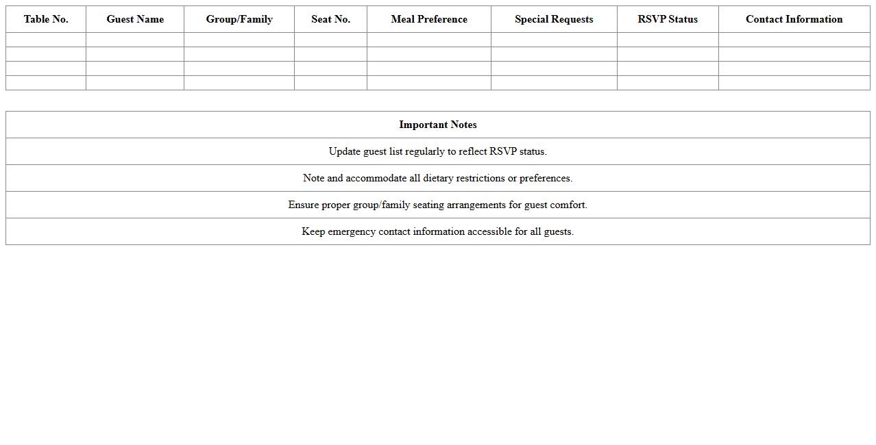 Hospitality Venue Guest Seating Chart Excel