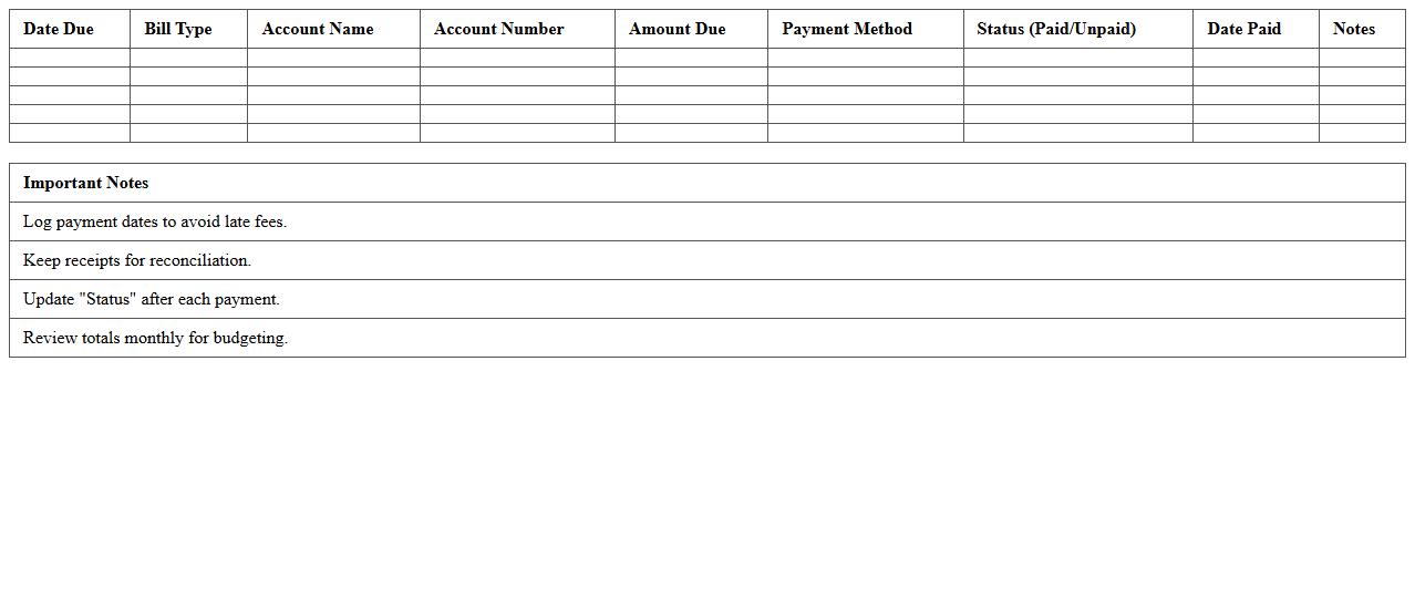Household Bill Payment Log Spreadsheet