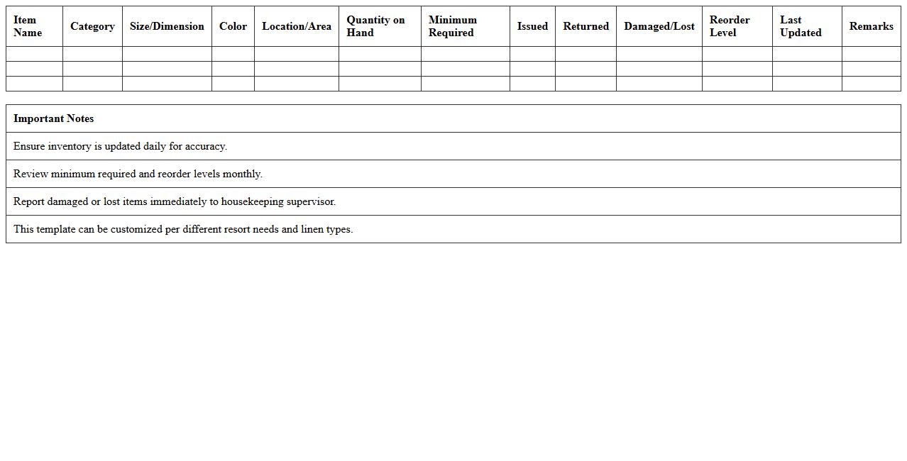 Housekeeping Linen Inventory Excel Template for Resorts