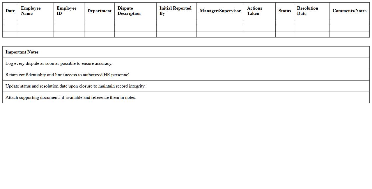 HR Dispute Documentation Log Excel