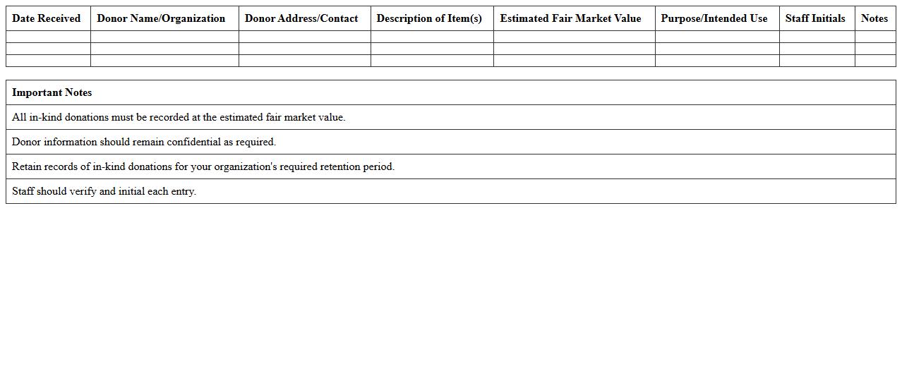 In-Kind Donations Itemized Records Sheet