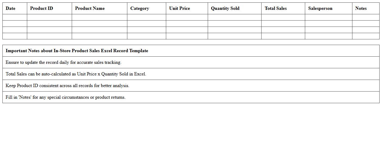In-Store Product Sales Excel Record Template