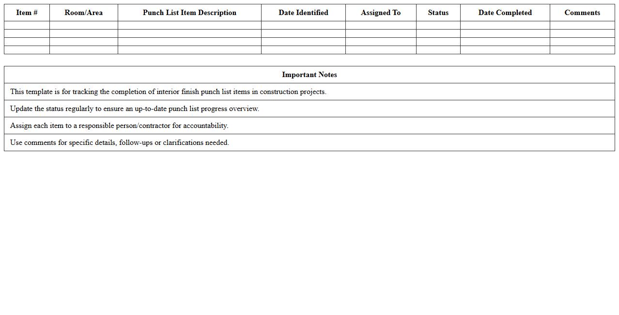 Interior Finish Punch List Tracking Excel Template