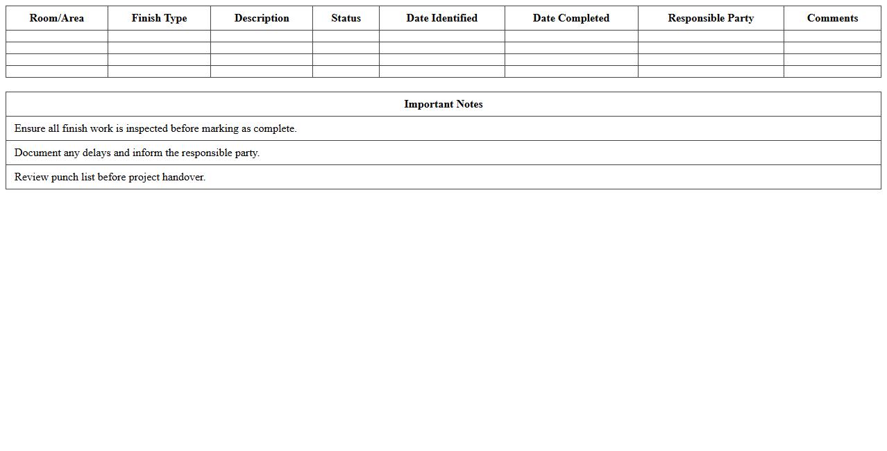 Interior Finishes Punch List Excel Template