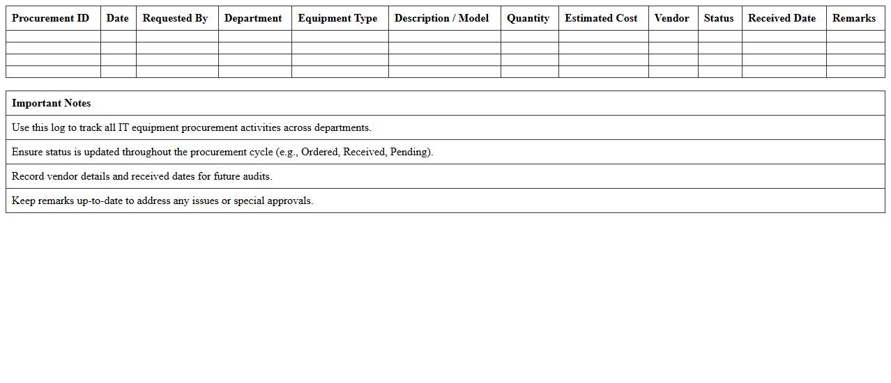 IT Equipment Procurement Log Excel Template for Enterprises