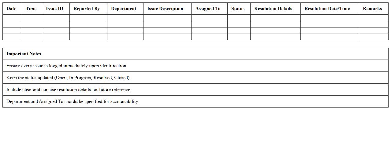 IT Issue Resolution Log Sheet Excel