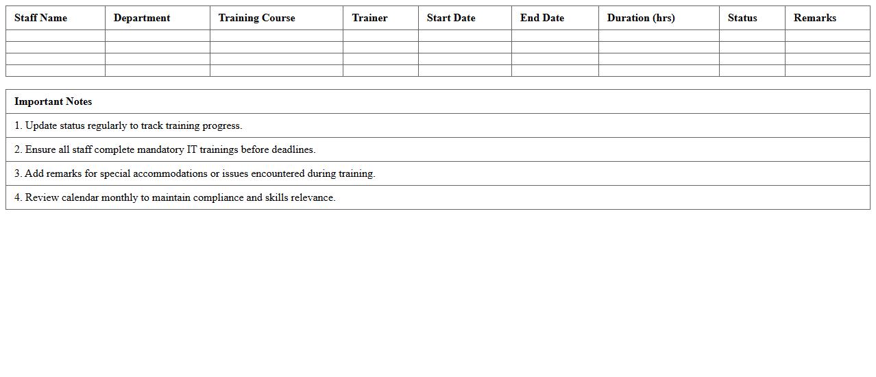 IT Staff Training Calendar Excel Template