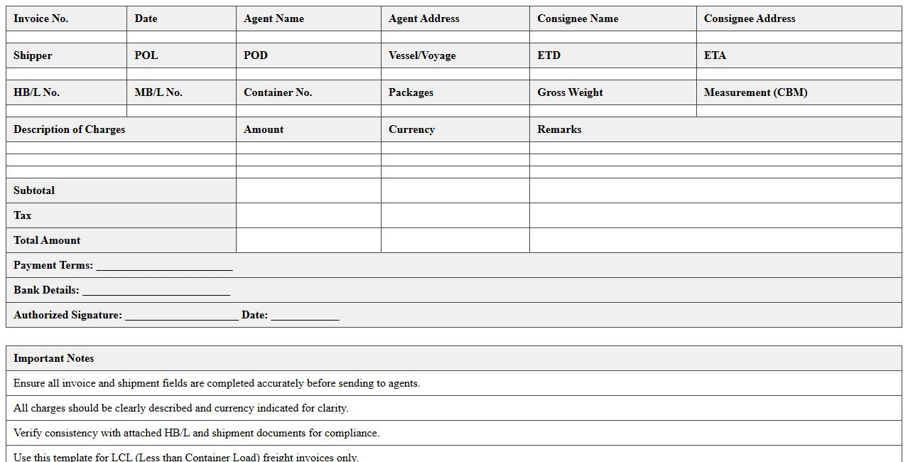 LCL Freight Invoice Excel Template for Agents