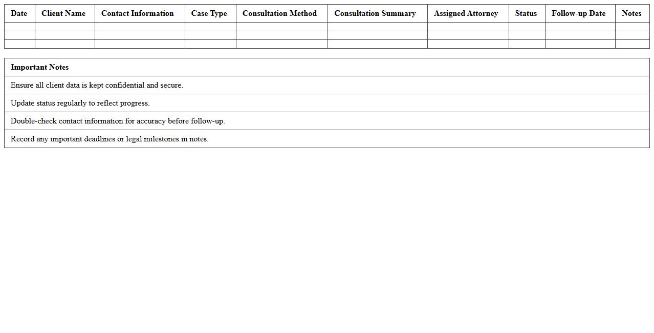 Legal Consultation Intake Tracker Spreadsheet