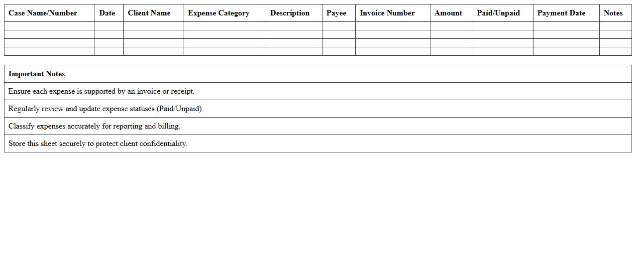 Legal Expense Breakdown Excel Sheet for Litigation Firms