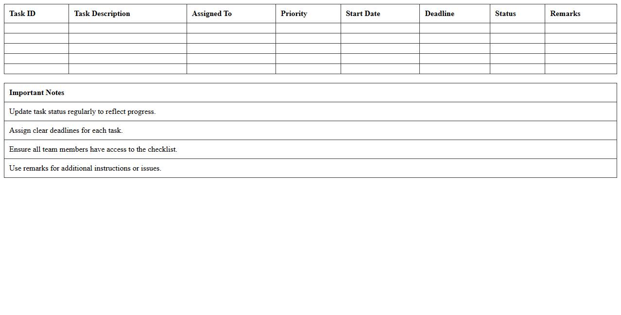 Logistics Task Assignment Checklist Template