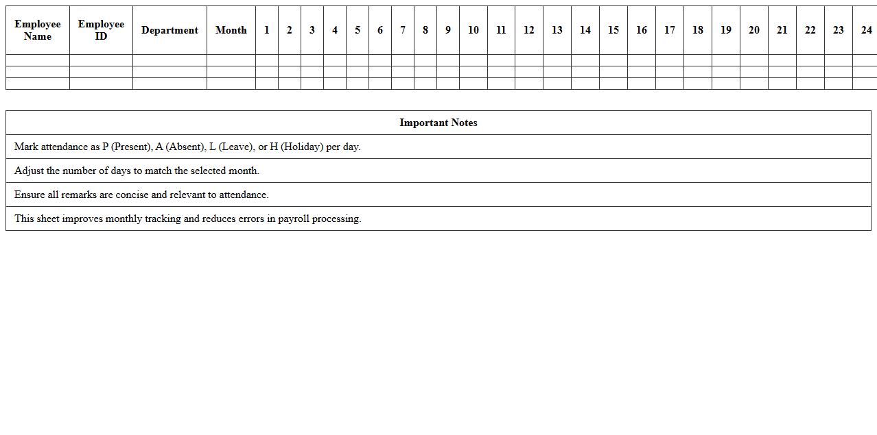 Monthly Attendance Sheet Excel Template