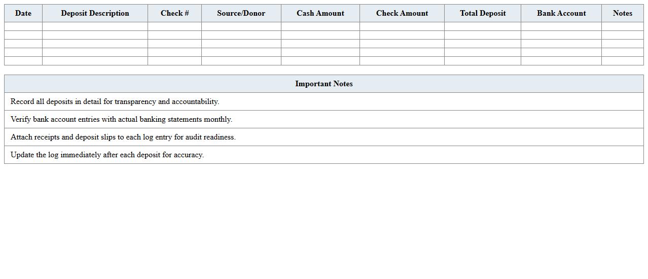 Monthly Banking Deposit Log Excel Template for Nonprofits