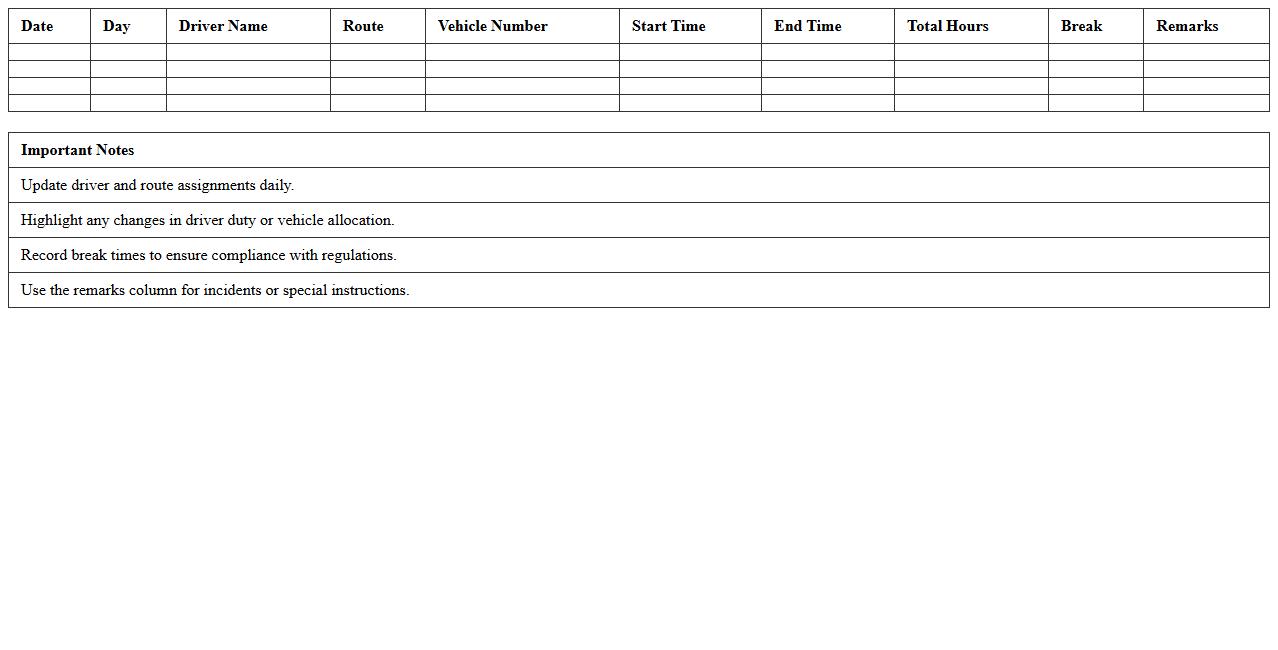 Multi-Route Driver Duty Roster Template