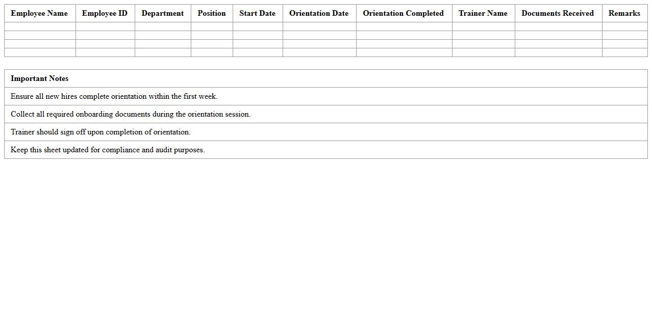 New Hire Orientation Tracking Spreadsheet