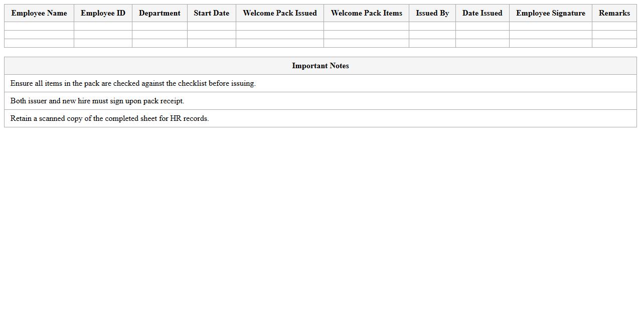 New Hire Welcome Pack Inventory Excel Sheet