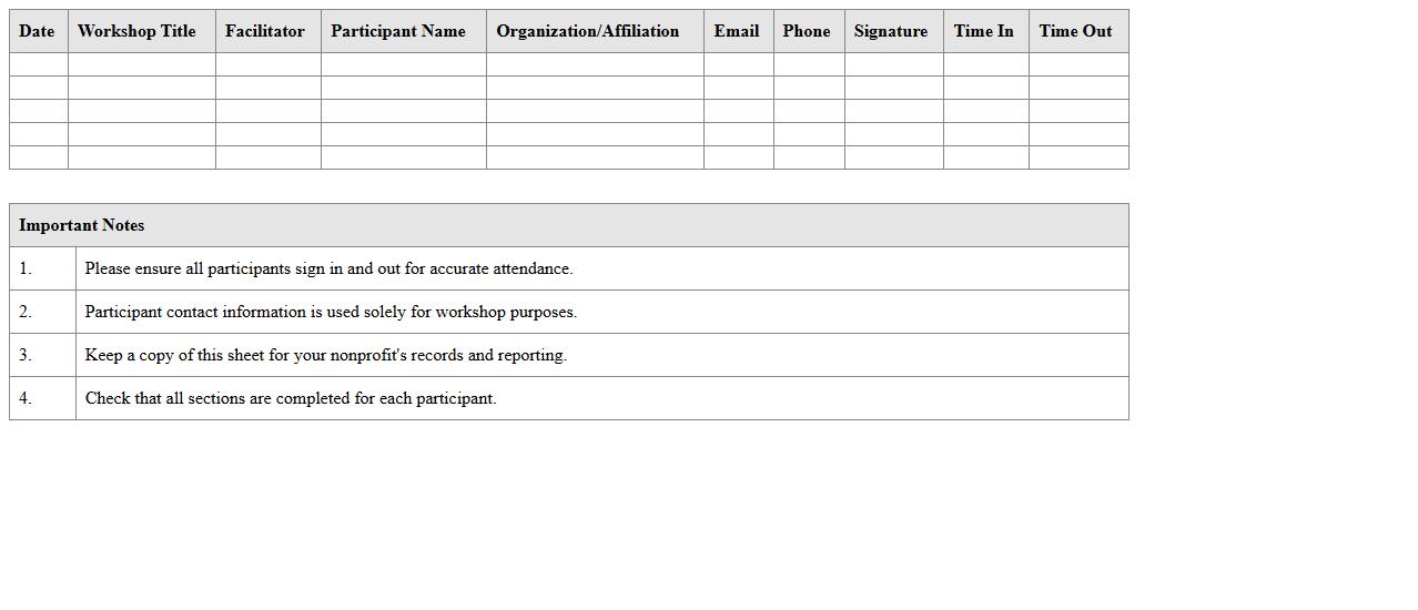 Nonprofit Educational Workshop Sign-In Sheet