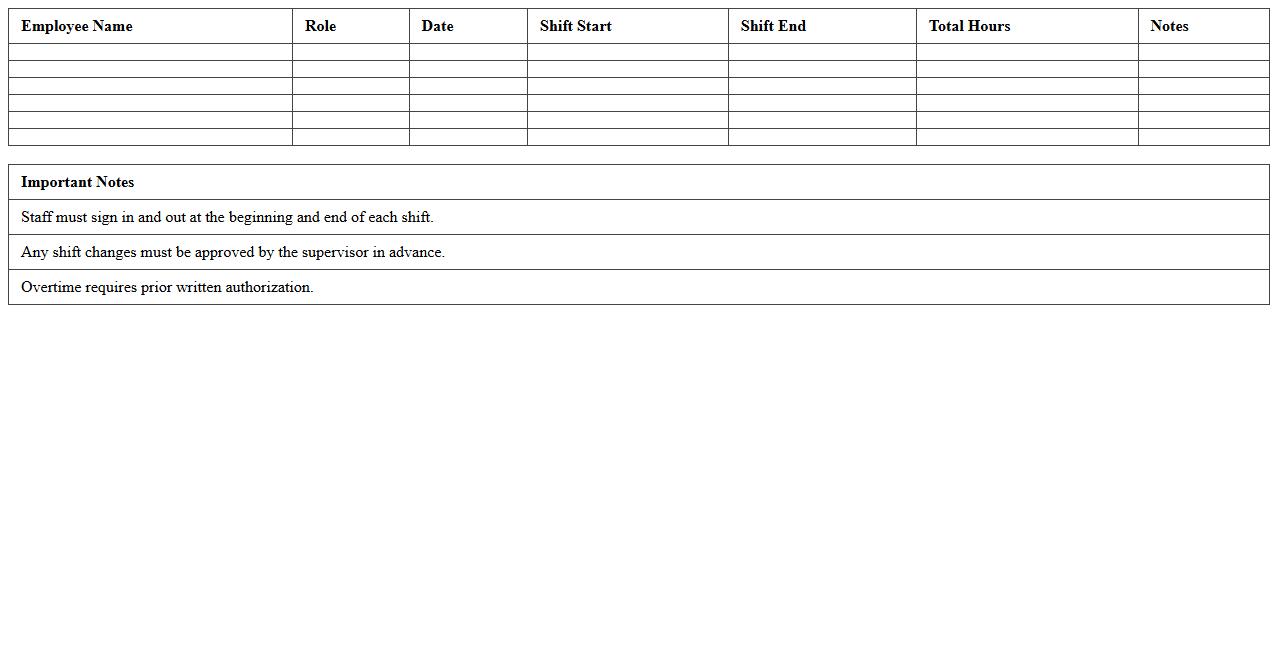 On-site Staff Shift Roster Spreadsheet