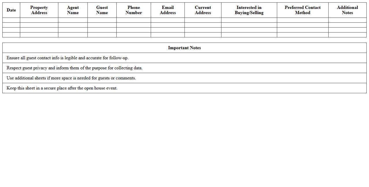 Open House Guest Contact Sheet Excel Template