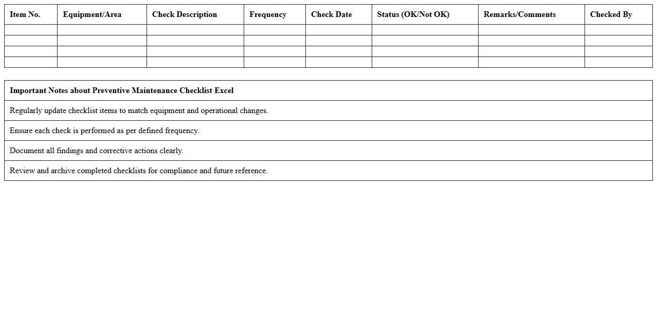 Preventive Maintenance Checklist Excel