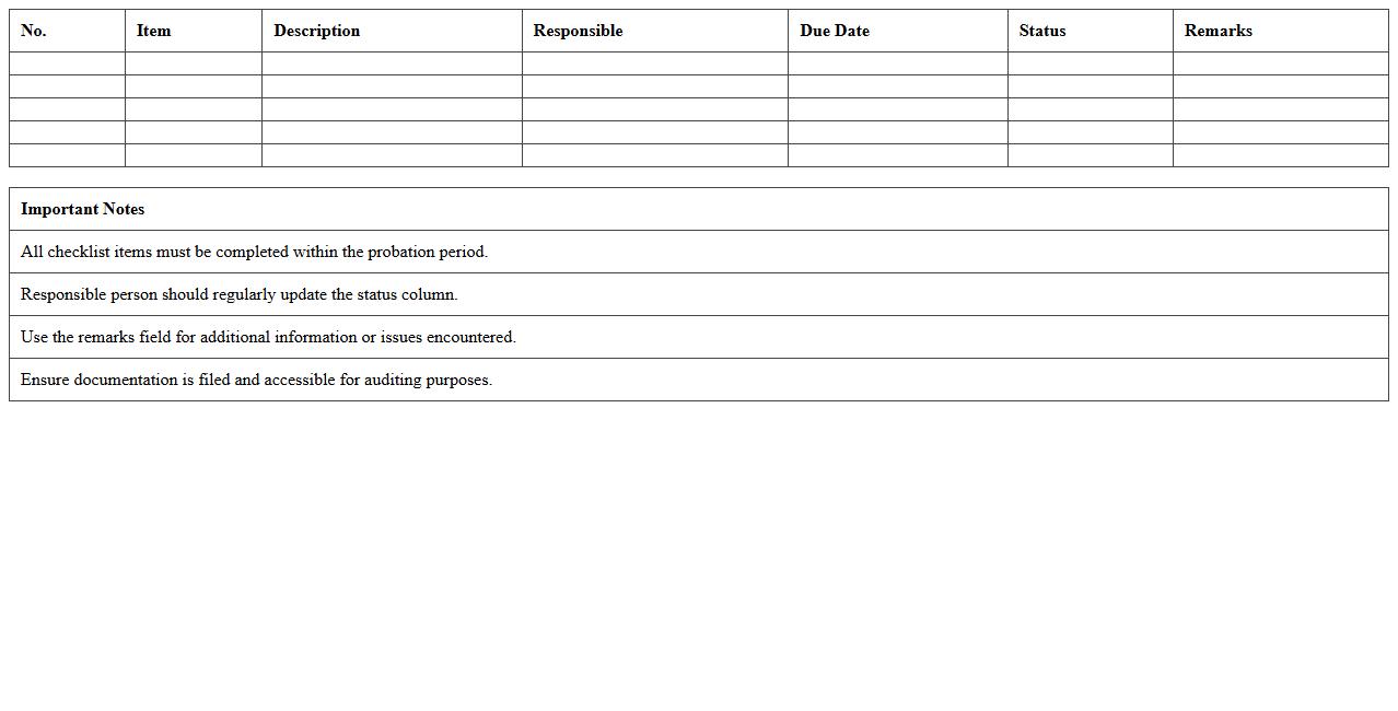 Probation Period Onboarding Checklist Sheet