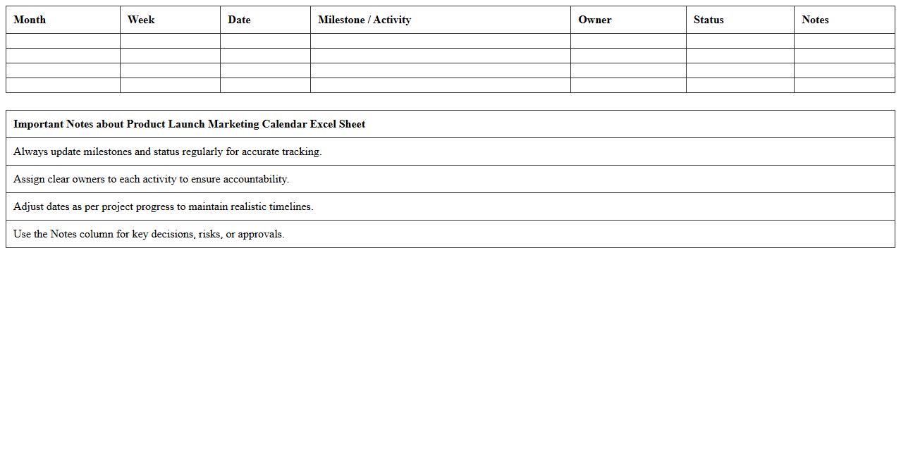 Product Launch Marketing Calendar Excel Sheet