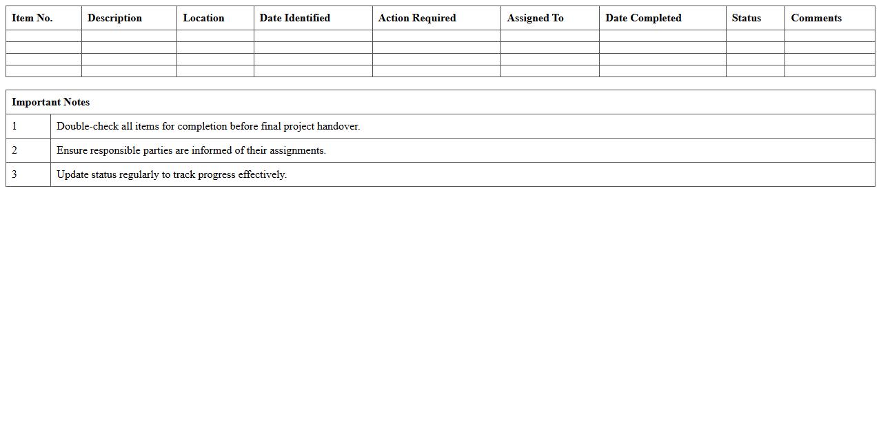 Project Closeout Punch List Excel Document