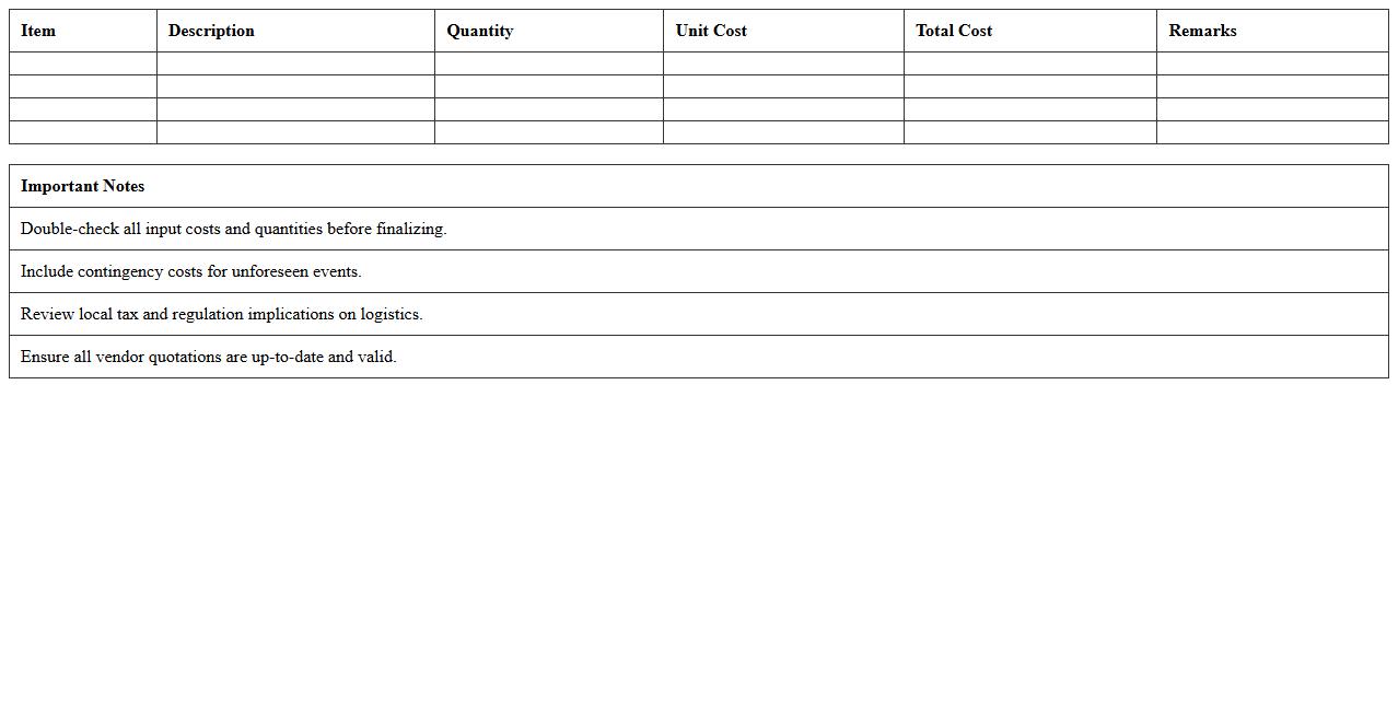 Project Logistics Cost Estimator Template