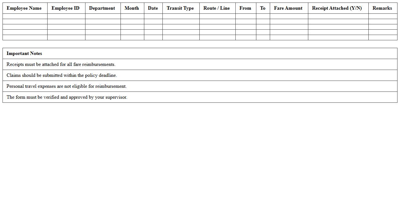 Public Transit Fare Reimbursement Sheet for Employees