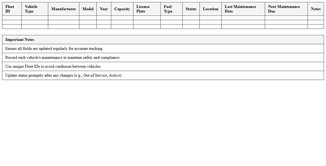 Public Transit Fleet Inventory Excel Template