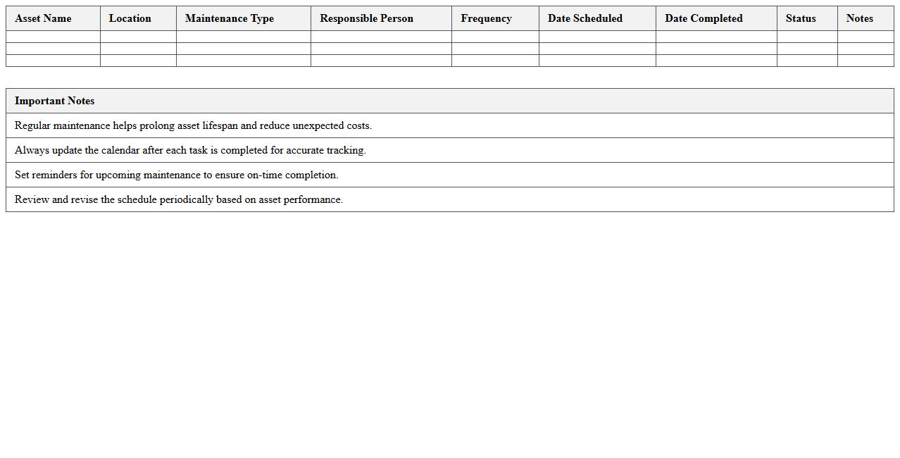 Real Estate Asset Maintenance Calendar Excel